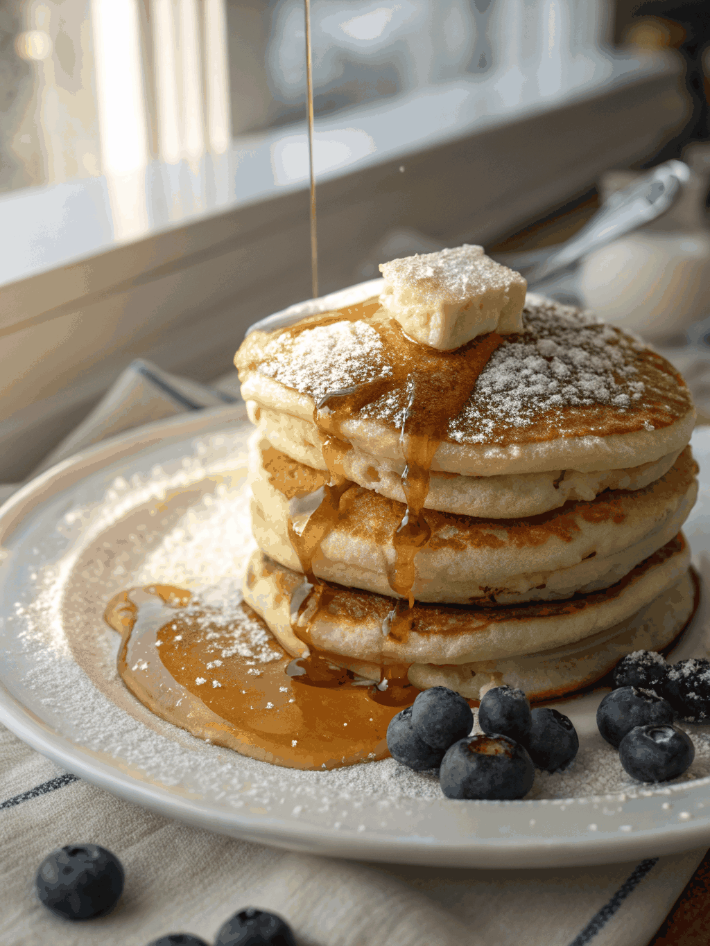 Stack of fluffy pancakes with maple syrup and berries