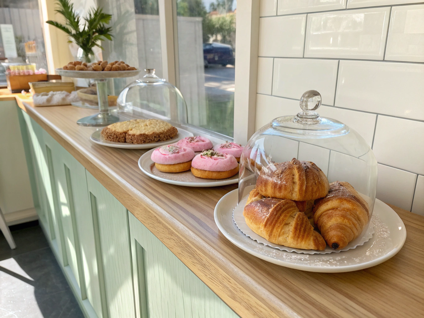 Freshly baked pastries in a glass display case