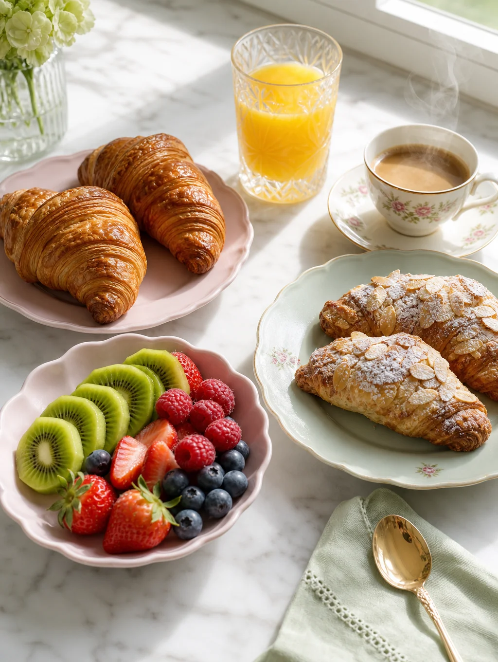 Vibrant brunch spread with fresh fruit and artisan coffee