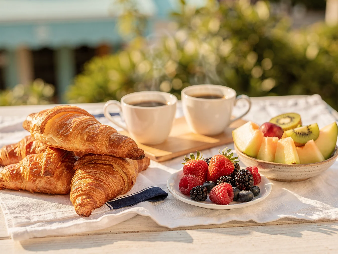 Vibrant brunch table spread with coffee and fresh food