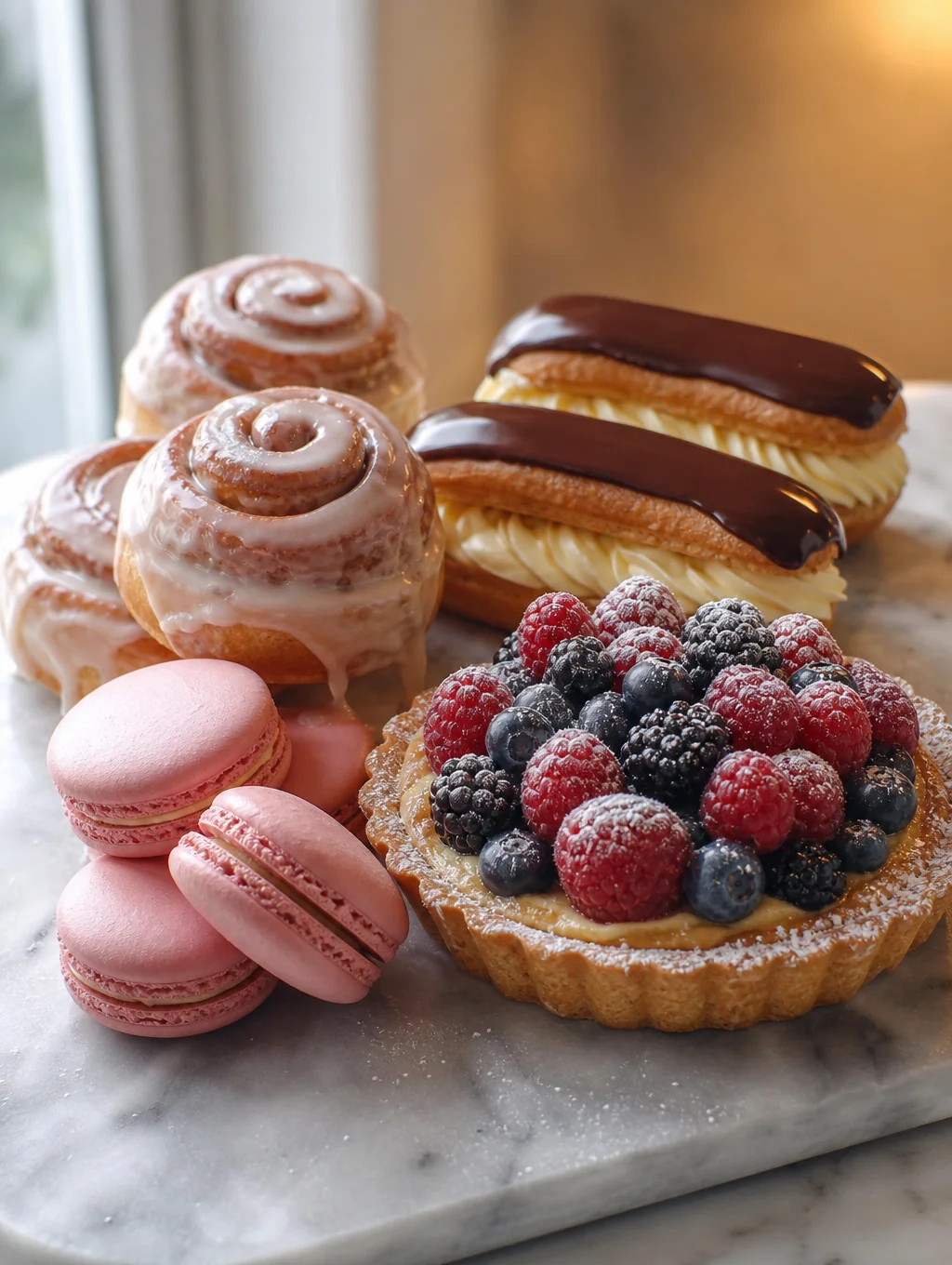 Freshly baked pastries and artisan coffee on a marble counter